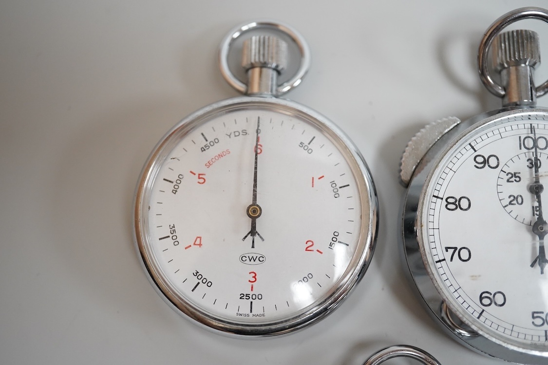 Seven assorted mainly late 20th century base metal cased military stopwatches, including three CWC and a Nero Lemania.